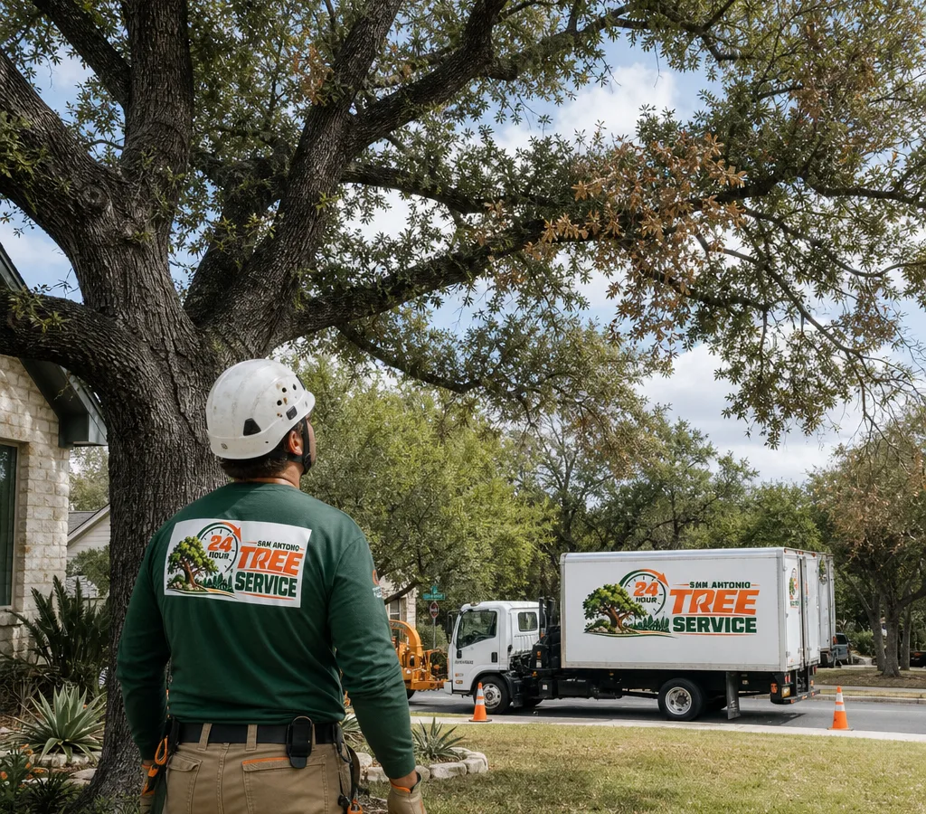Arborist inspecting a mature live oak in a San Antonio front yard for canopy thinning and leaf discoloration