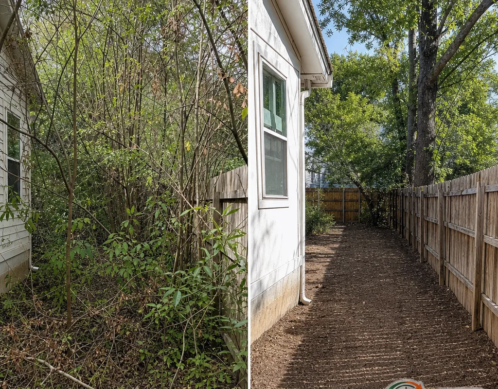 Before-and-after pair showing a brush-choked side lot cleared to bare ground with a clean boundary line and debris removed