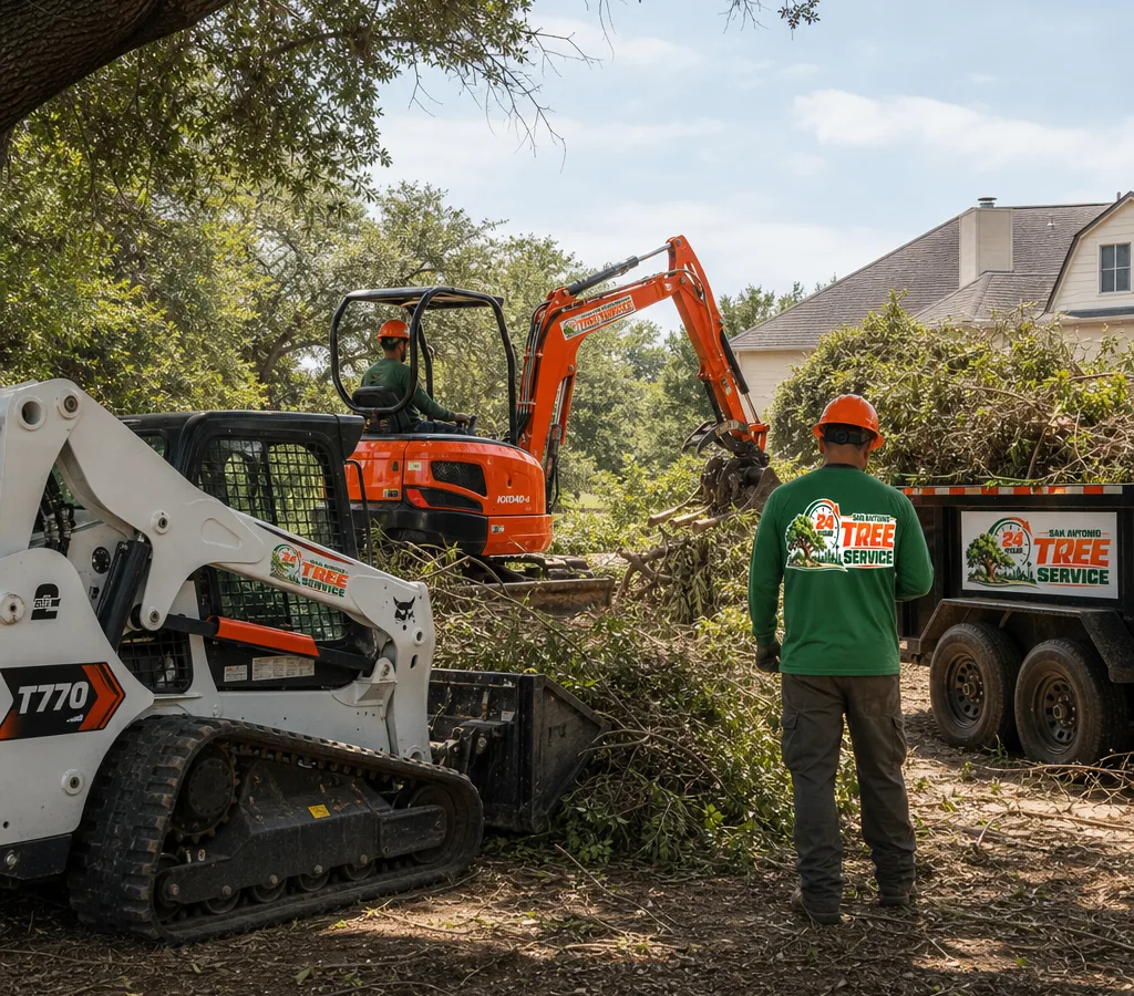 Skid steer and compact excavator clearing dense brush and small trees on a residential lot in San Antonio with debris staged for haul-off