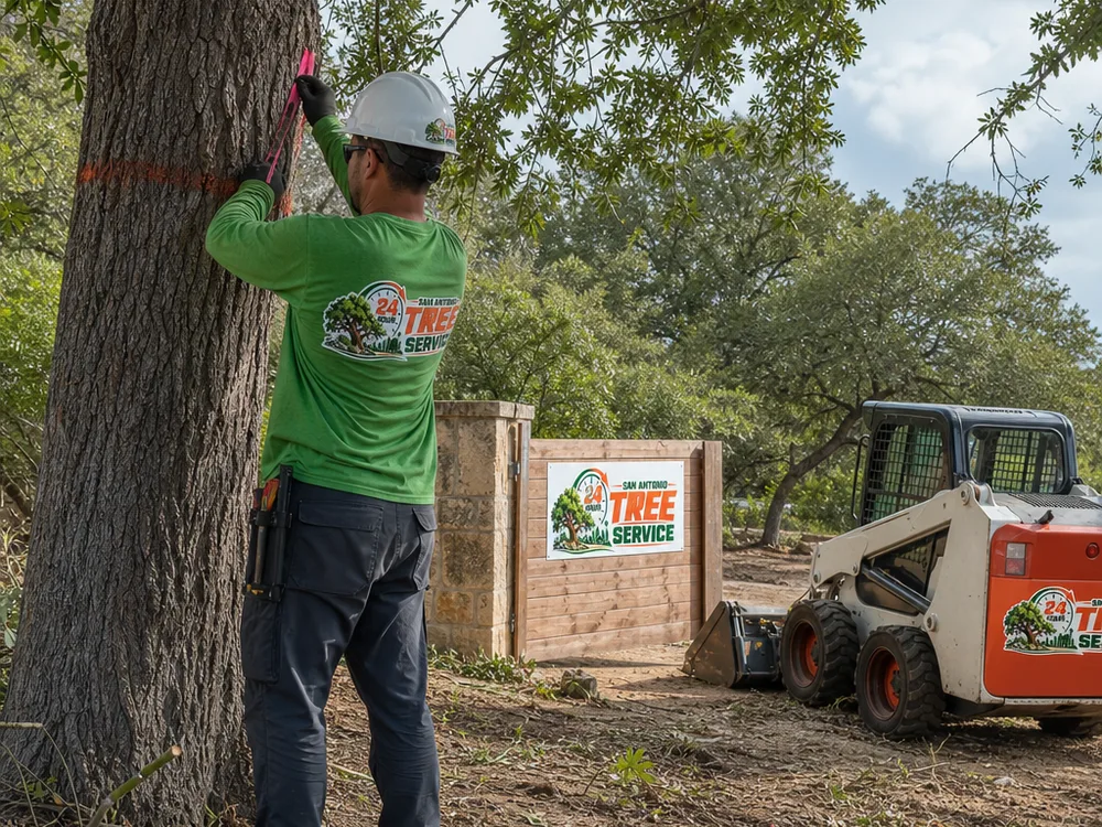 Crew member marking a clearing boundary and identifying keep-trees while a skid steer sits staged near a gate opening on a San Antonio lot