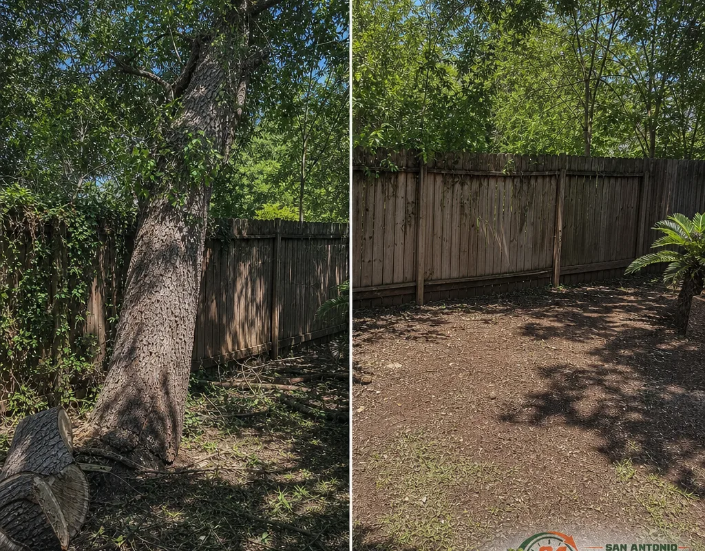 Before-and-after view of a backyard tree removed near a fence with the work area cleared and cleaned