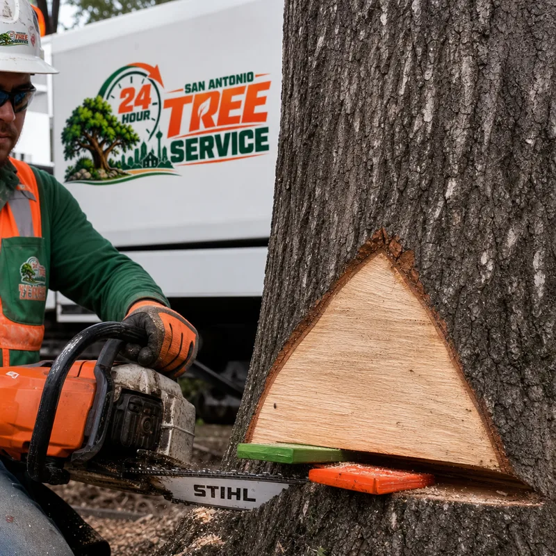 Close-up of a proper directional felling notch and hinge with wedges visible