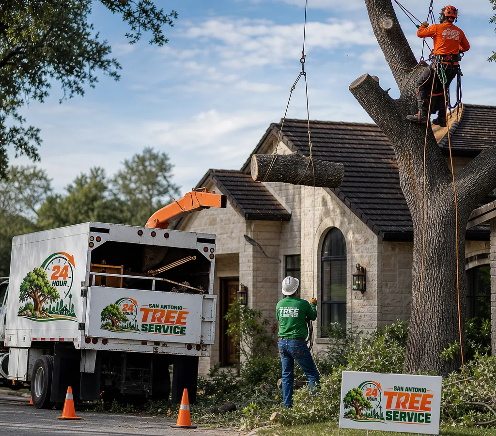Crew performing a controlled sectional tree cut near a San Antonio home with ropes, chipper, and safety cones