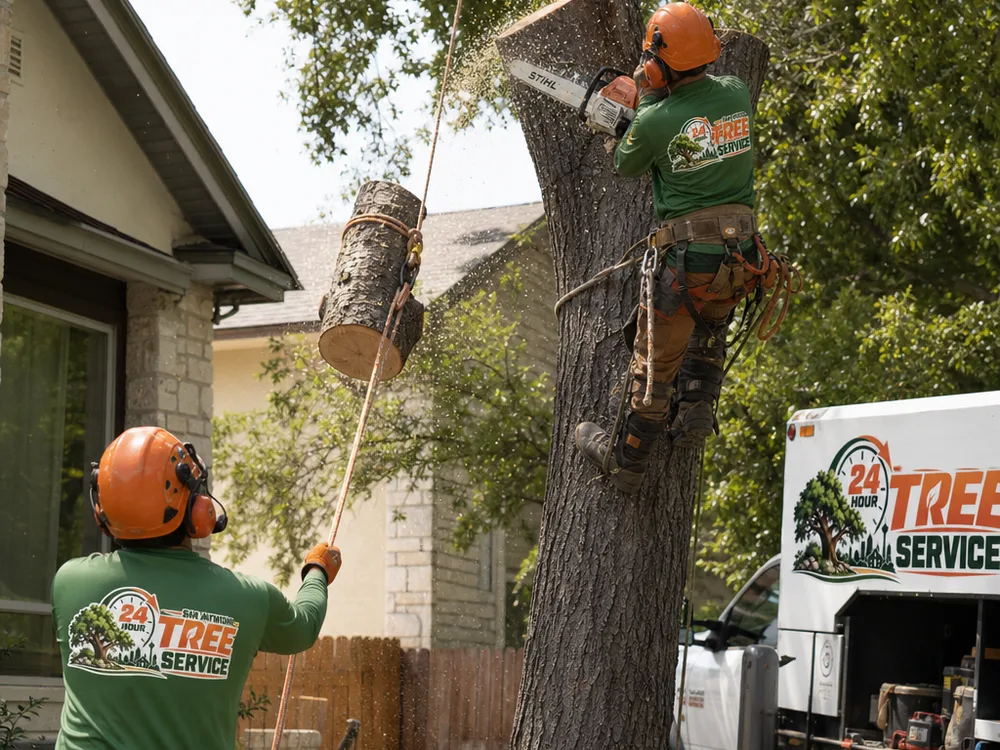 Arborist making a controlled top cut while a crew member manages a lowering rope near a house and fence