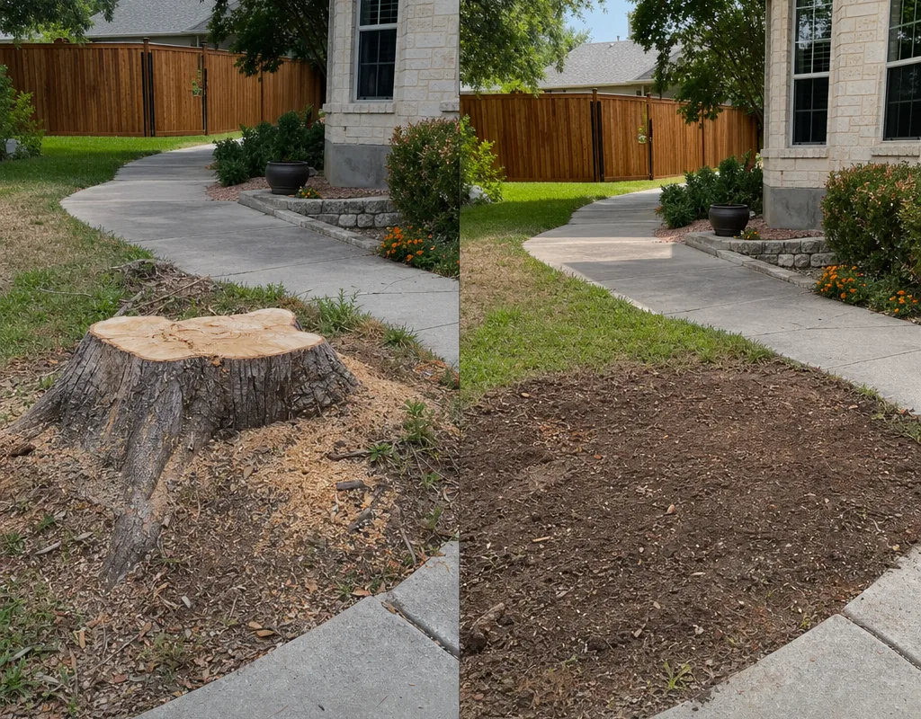 Before and after of a front-yard stump removed near a sidewalk with the area leveled and raked