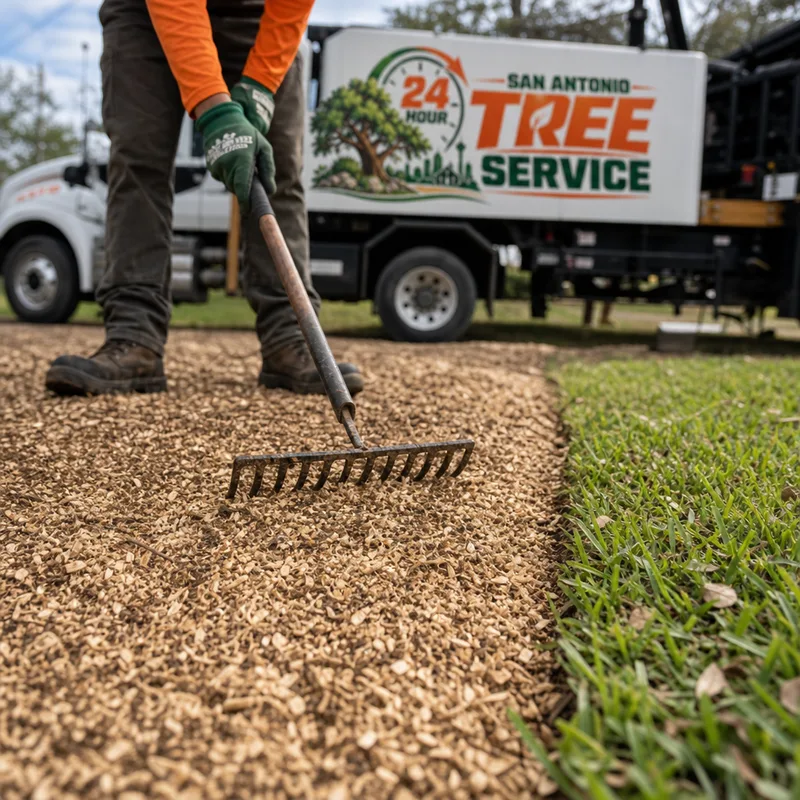 Finished stump grind area with wood chips raked flat and surrounding turf cleaned