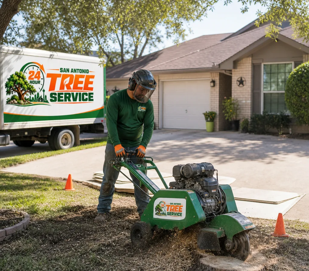 Technician operating a stump grinder on a protected residential lawn in San Antonio