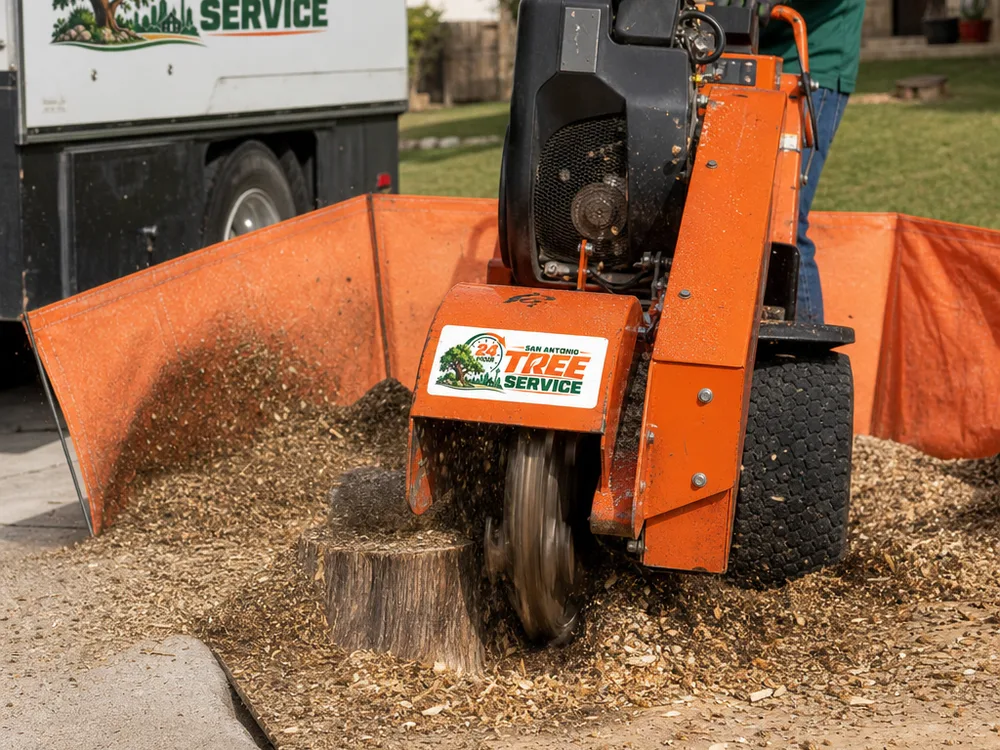 Stump grinder working beside a protected concrete driveway edge with chips contained