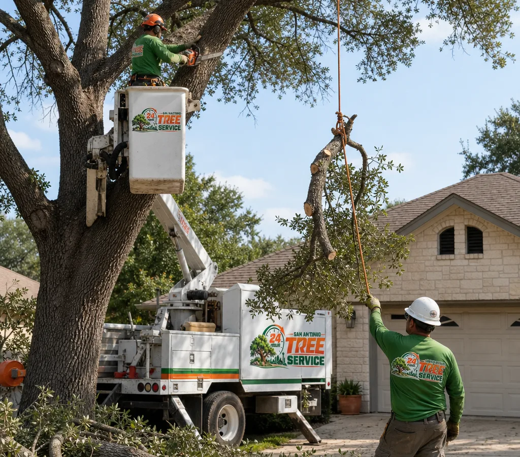Arborist crew trimming a mature shade tree in a San Antonio front yard using ropes and a bucket truck, with cut branches being lowered safely near a driveway