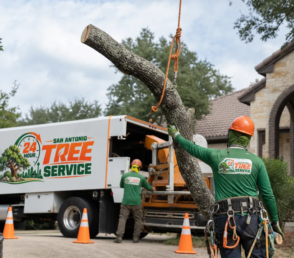 Crew in protective equipment lowering a large limb with rigging ropes beside a San Antonio home, with a chipper and safety cones visible