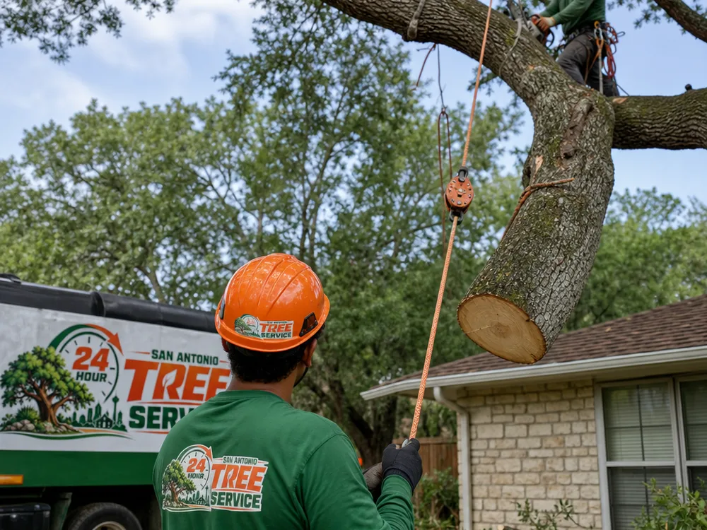 Rigging rope running through a block while a ground worker manages a controlled limb lowering line near a roof
