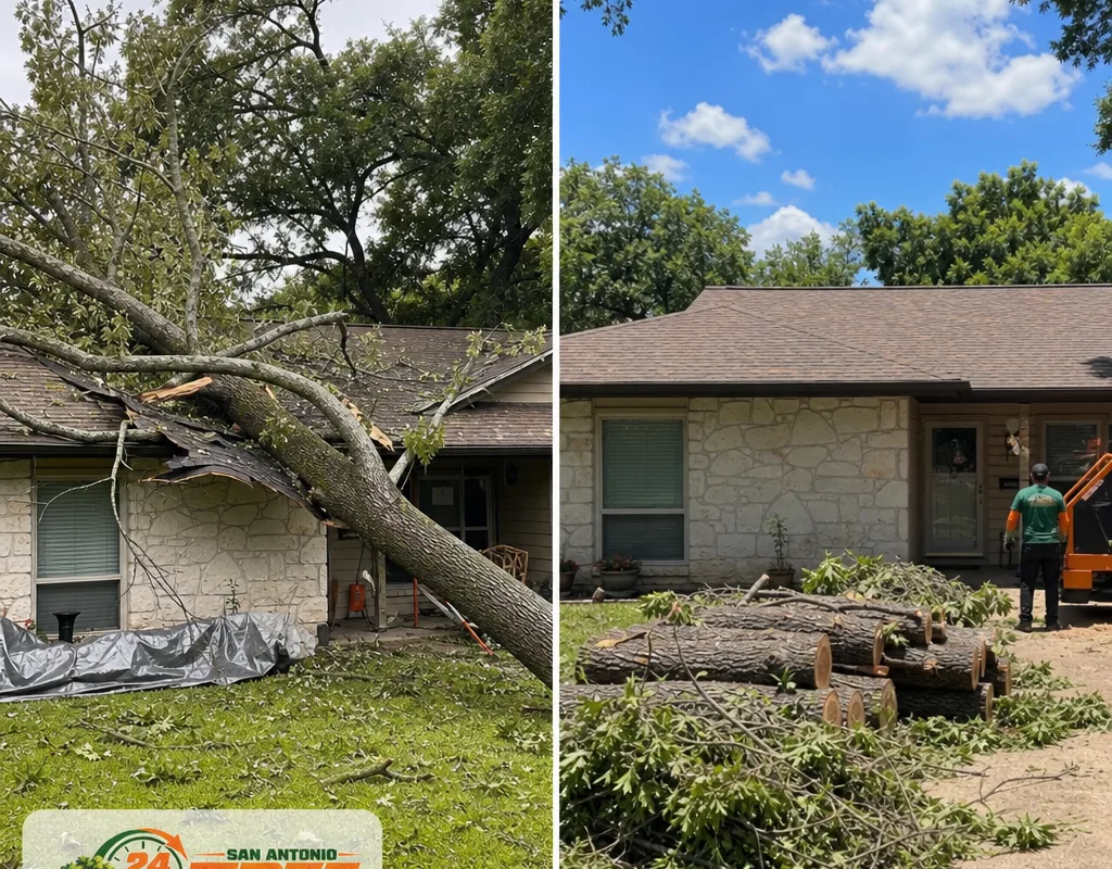 Before-and-after view of a failed tree resting on a roof and the roofline cleared with debris staged neatly for haul-off