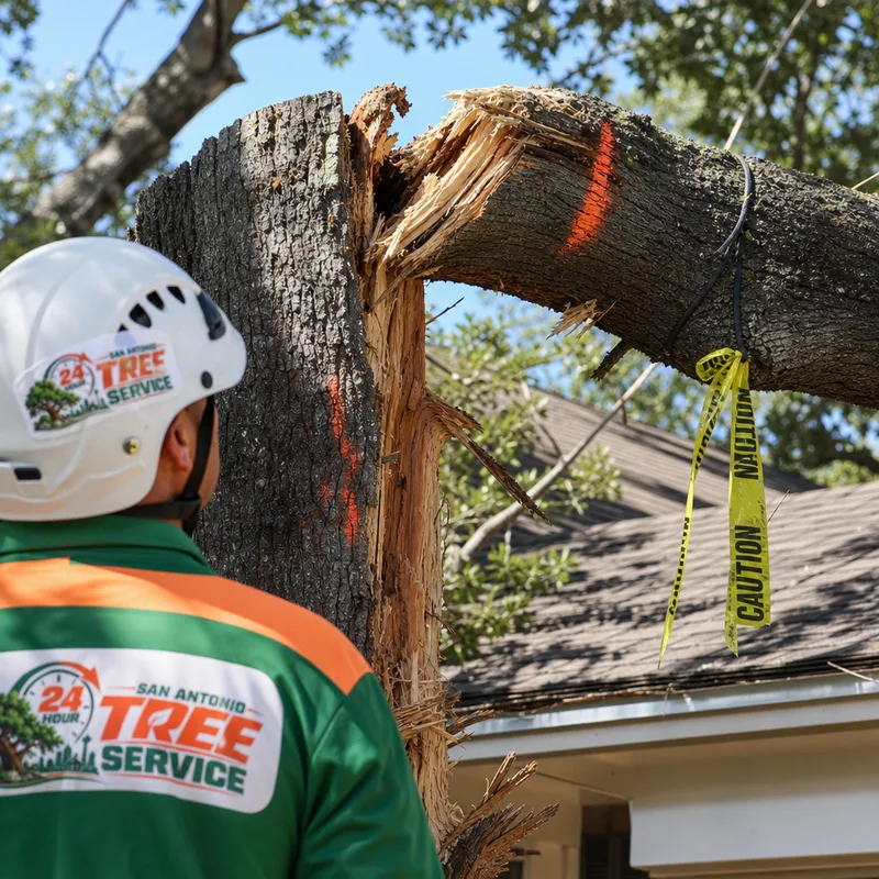 Split trunk and hung-up limb over a roofline with visible tension points marked for a safe cut plan