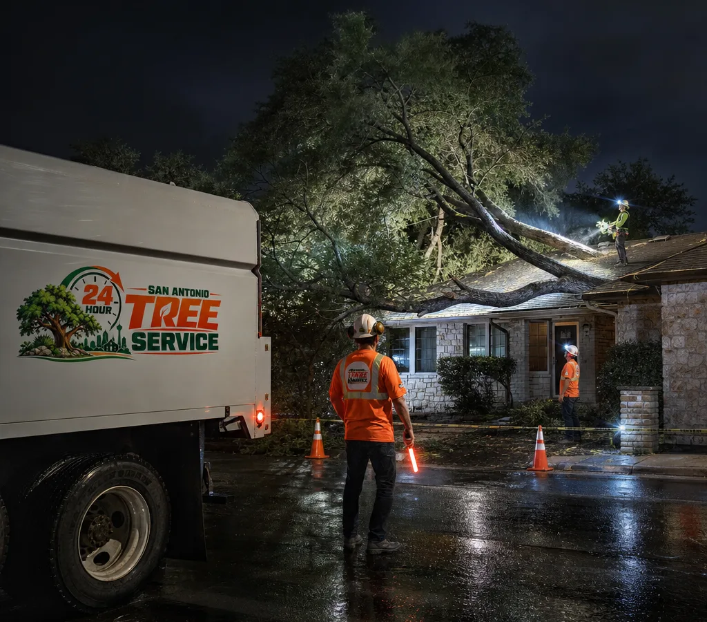 Nighttime emergency tree removal in a San Antonio neighborhood with a crew securing the drop zone using cones and headlamps while a damaged tree leans toward a roof