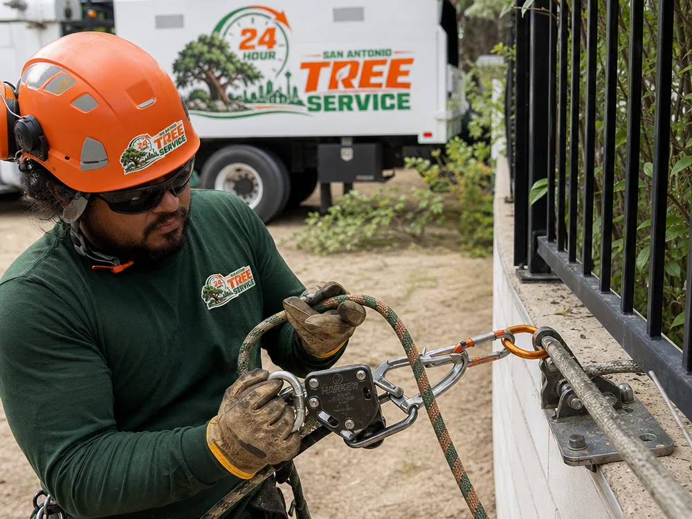 Rigging rope, block, and friction device attached to a sturdy anchor point during a sectional dismantle near a fence line
