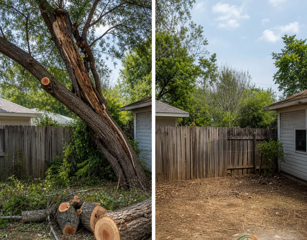 Before and after view of a cracked leaning backyard tree near a fence and the cleared site after removal