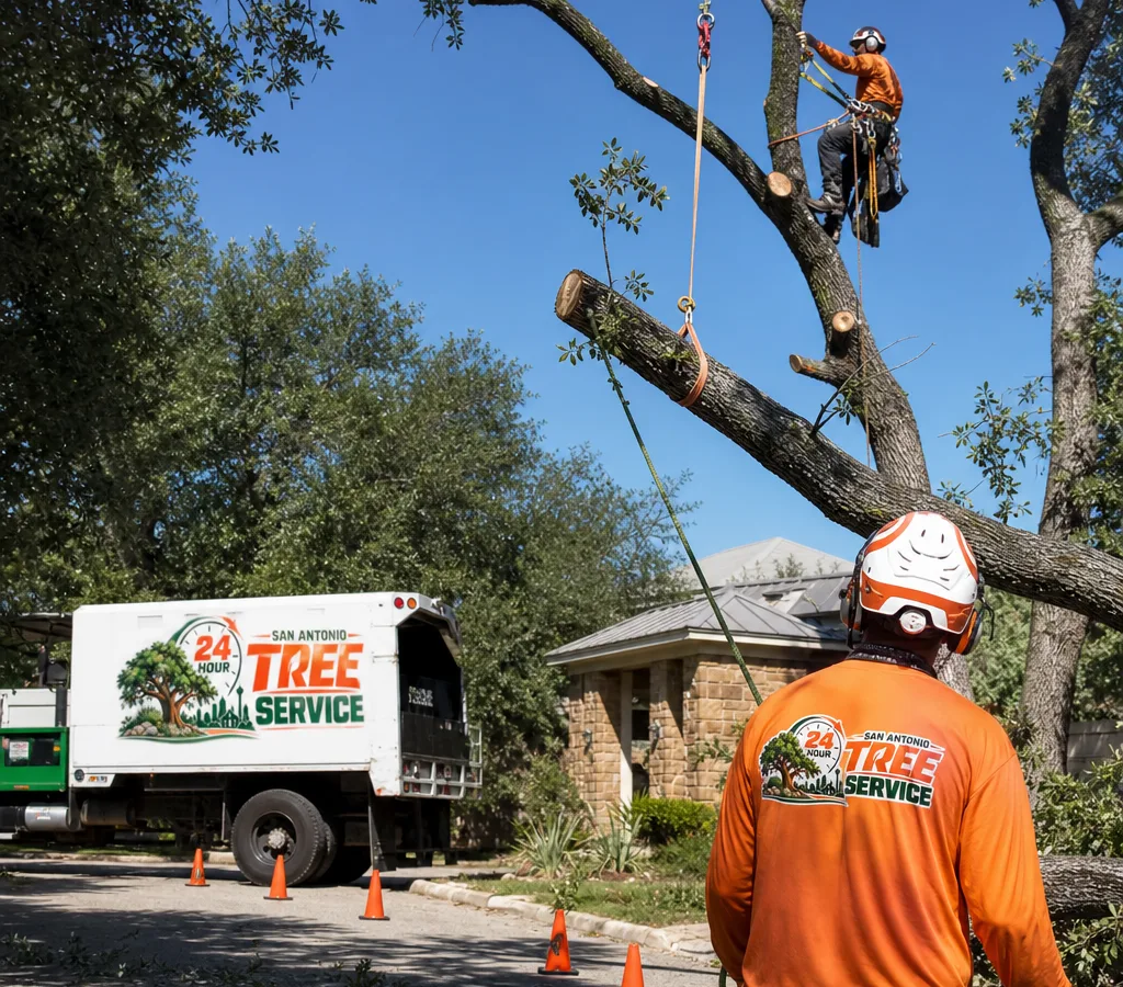 A skilled climber and ground crew rigging down large limbs from a storm-damaged tree near a San Antonio home
