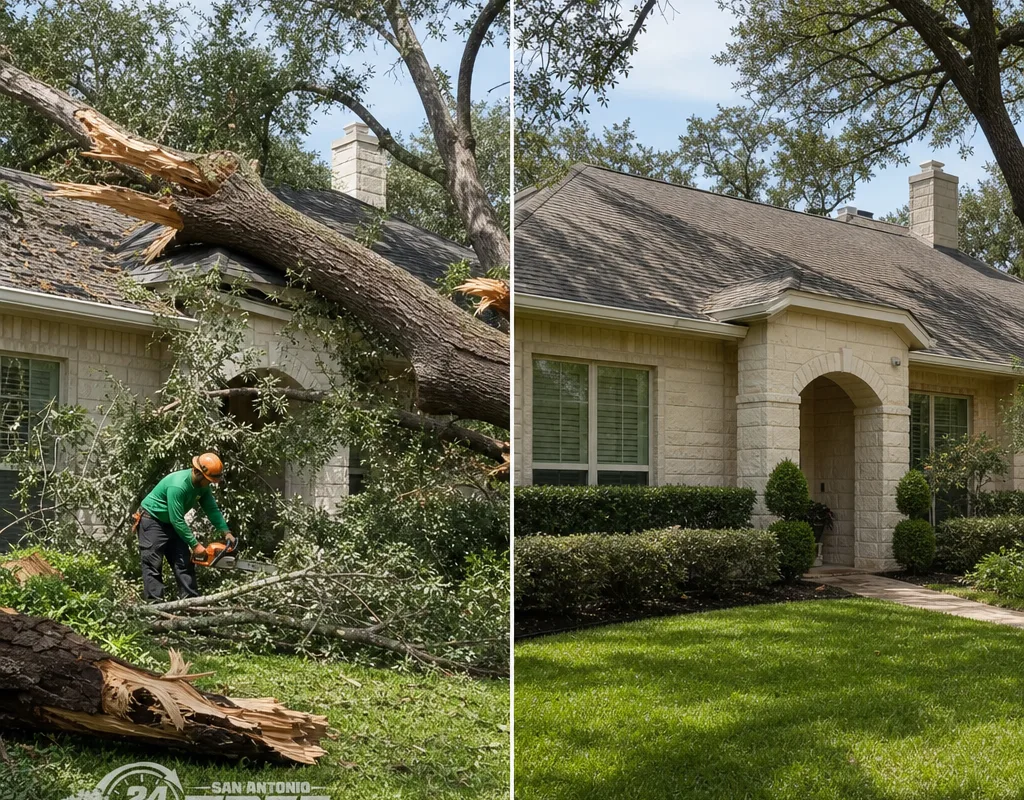 Before and after views of a storm-broken limb removed from a residential roofline