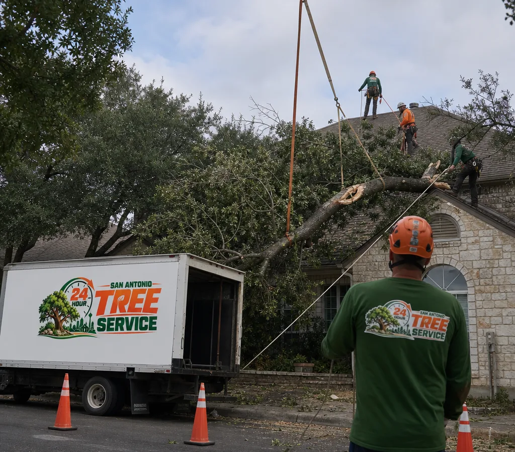 Crew performing storm damage tree removal on a broken limb resting on a residential roofline in San Antonio