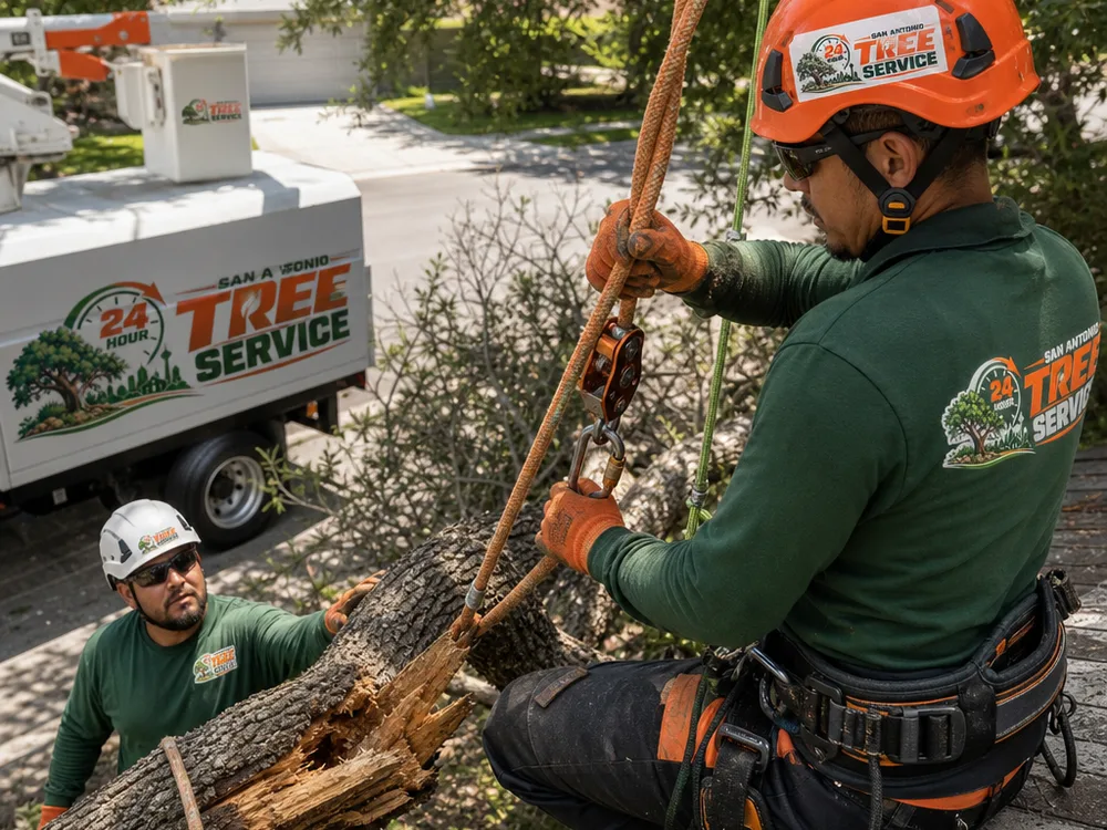 Arborist rigging a storm-broken limb for controlled lowering away from a roof edge