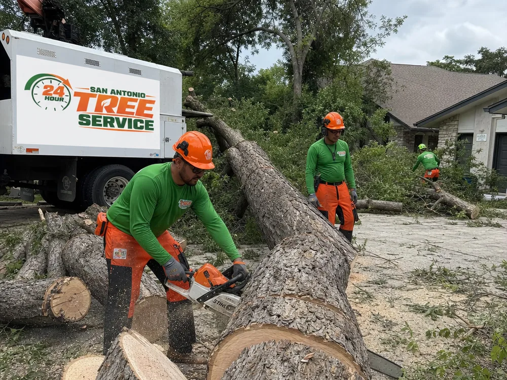 Downed tree being cut and staged for loading to clear a residential driveway