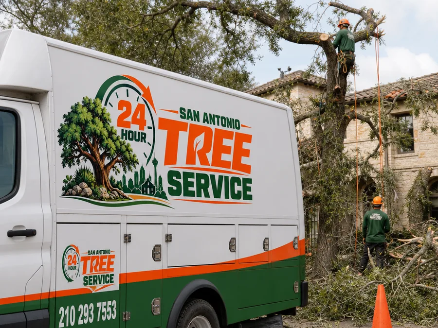 Crew dismantling a storm-damaged tree with ropes and a clear drop zone