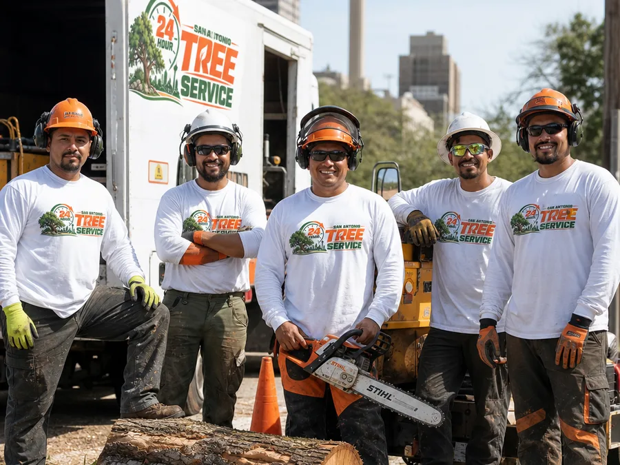Tree removal crew in safety gear beside a truck and chipper in San Antonio